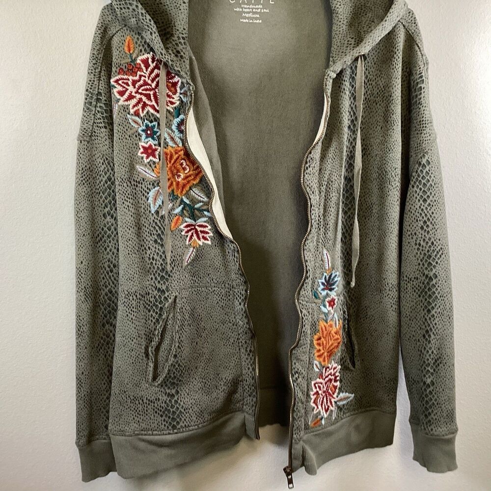 Caite Full Zip Hoodie Floral Embroidered Jacket Green Snakeskin Print Medium - Picture 7 of 10